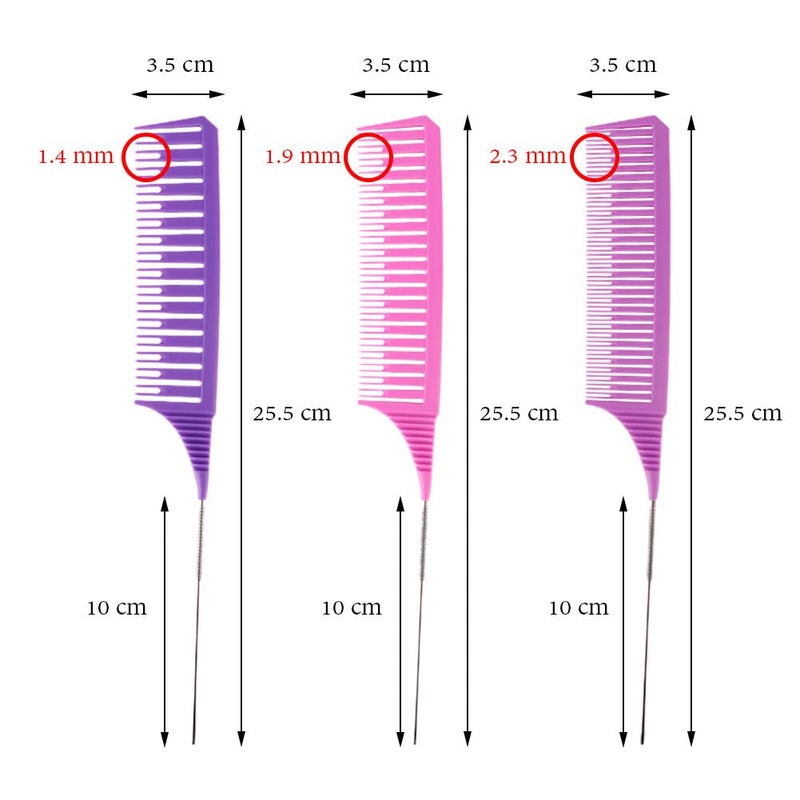 SKYPIA 3 Piece Professional Dyeing Hair Comb Set, Highlight Combs for Hair Stylist Weaving Styling Brush Set with Long Stainless Steel Rat Tail Stylist Combs, Purple & Pink - Image 2