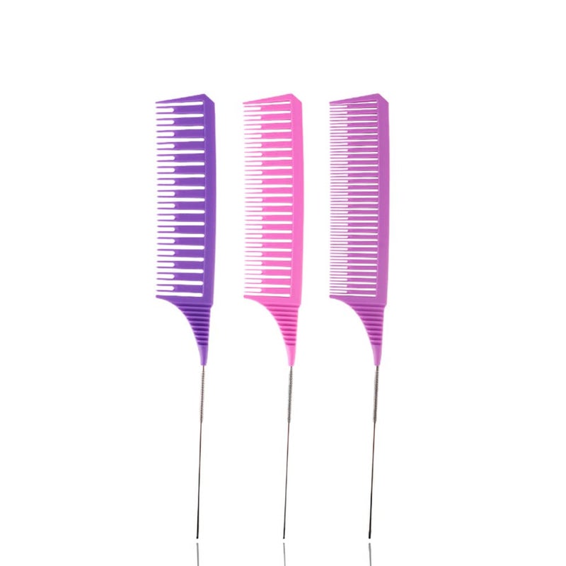 SKYPIA 3 Piece Professional Dyeing Hair Comb Set, Highlight Combs for Hair Stylist Weaving Styling Brush Set with Long Stainless Steel Rat Tail Stylist Combs, Purple & Pink - Image 1