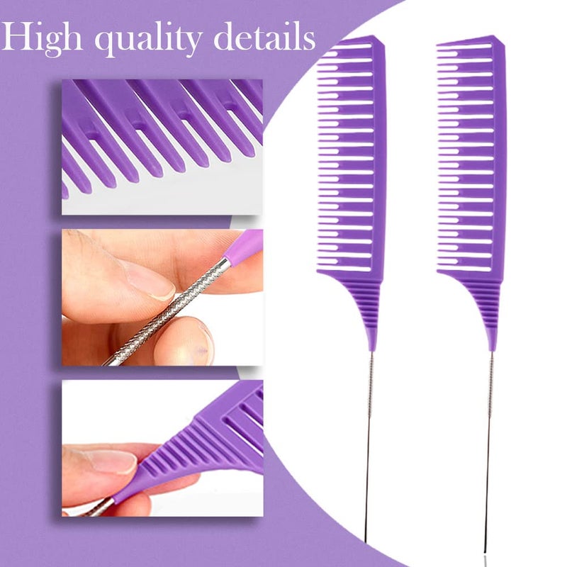 SKYPIA 3 Piece Professional Dyeing Hair Comb Set, Highlight Combs for Hair Stylist Weaving Styling Brush Set with Long Stainless Steel Rat Tail Stylist Combs, Purple & Pink - Image 3