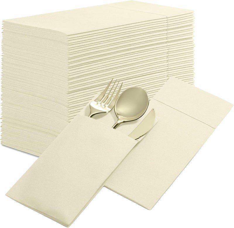 BloominGoods Disposable Linen-Feel Dinner Napkins with Built-in Flatware Pocket, 50-Pack CREAM Prefolded Cloth Like Paper Napkins For Dinner, Wedding Or Party [Silverware NOT Included] - Image 1
