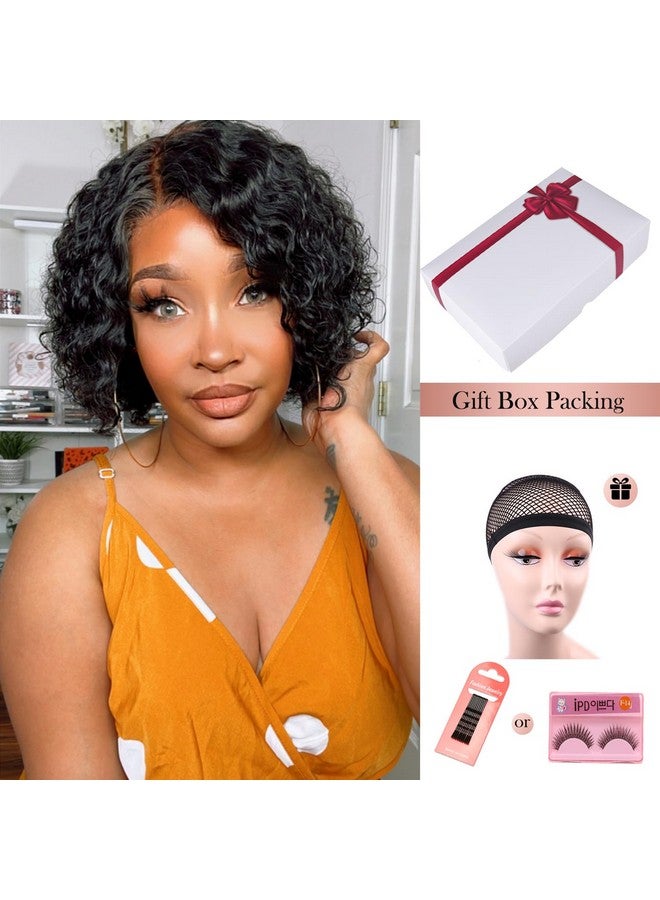 WIGER Short Lace Front Wigs Human Hair For Women Short Curly Bob Wig Black Wavy Lace Wig Black Pixie Cut Wig Brazilian Virgin Human Hair Curly Wigs 180% Density Side Part - Image 5