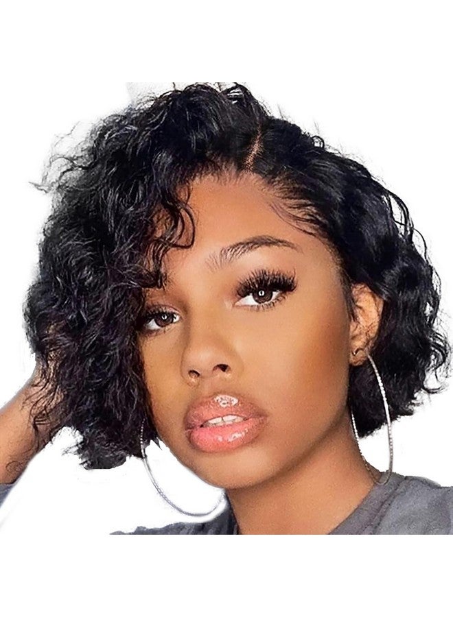 WIGER Short Lace Front Wigs Human Hair For Women Short Curly Bob Wig Black Wavy Lace Wig Black Pixie Cut Wig Brazilian Virgin Human Hair Curly Wigs 180% Density Side Part - Image 1