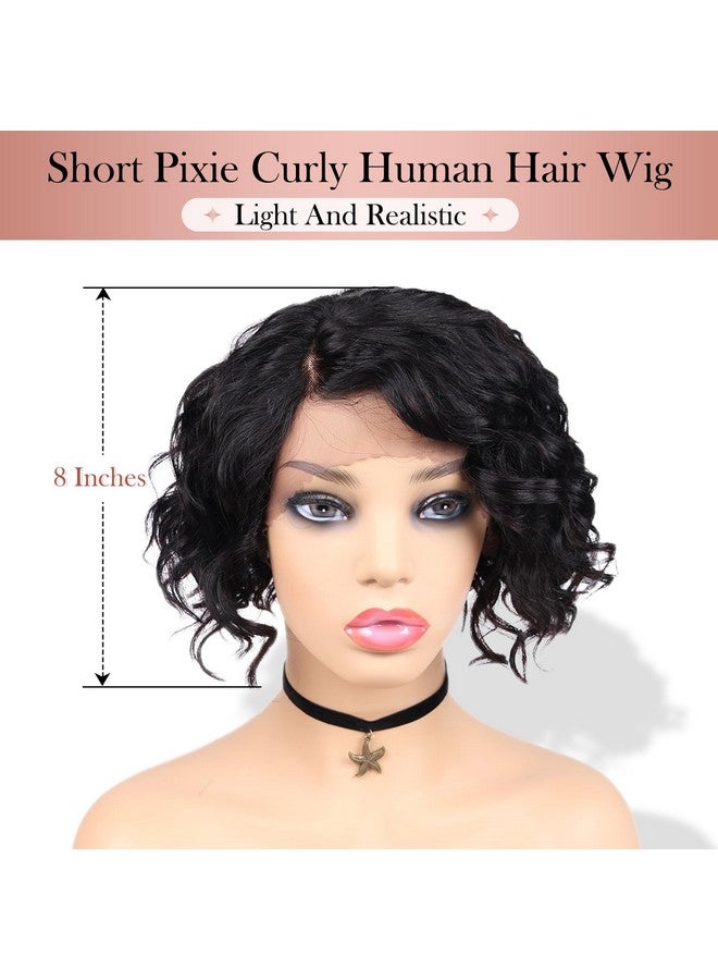 WIGER Short Lace Front Wigs Human Hair For Women Short Curly Bob Wig Black Wavy Lace Wig Black Pixie Cut Wig Brazilian Virgin Human Hair Curly Wigs 180% Density Side Part - Image 2