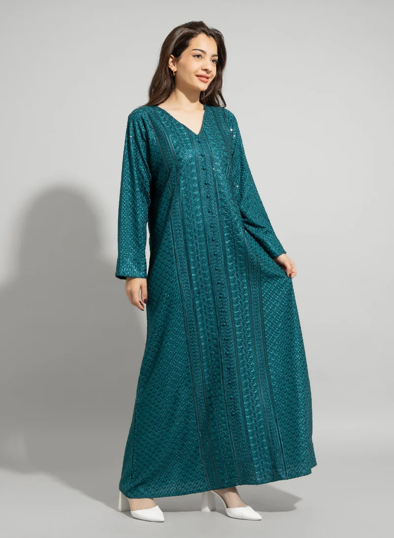 IKKXA Embroidery Sparkling Jalabiya IN004 Turquoise