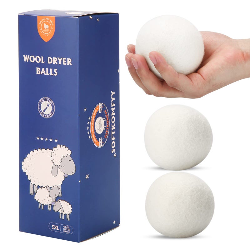 Softkomfyy Wool Dryer Balls Handmade 3 Pack XL,Organic Laundry Dryer Balls,100% New Zealand Wool Natural Fabric Softener,Reusable 1000 Loads,Wrinkles Free, Shorten Drying Time,Baby Safe (3 Pack,White) - Image 1