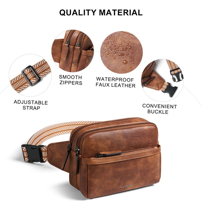 LATMAP 3L Fanny Pack Crossbody Bags for Women Men 4-Zipper Pockets Belt Bag Sling Waist Pack Faux Leather Chest Bag Purse Brown - Image 5