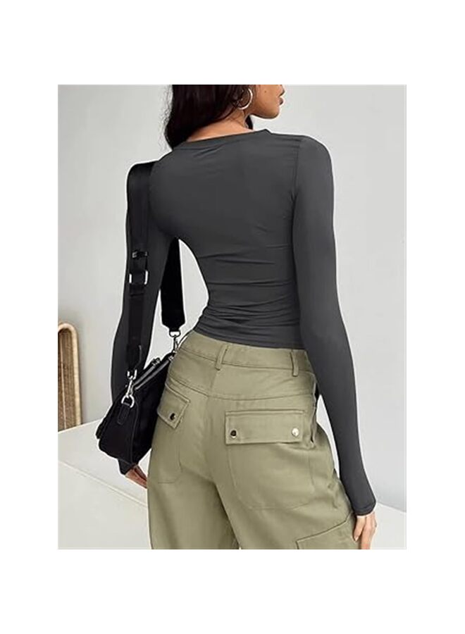 3 قطع - قمصان نسائية بأكمام طويلة وقمصان قصيرة أساسية للخروج في أزياء الخريف وملابس داخلية ضيقة وقمصان Y2K (اللون: رمادي) - Image 5