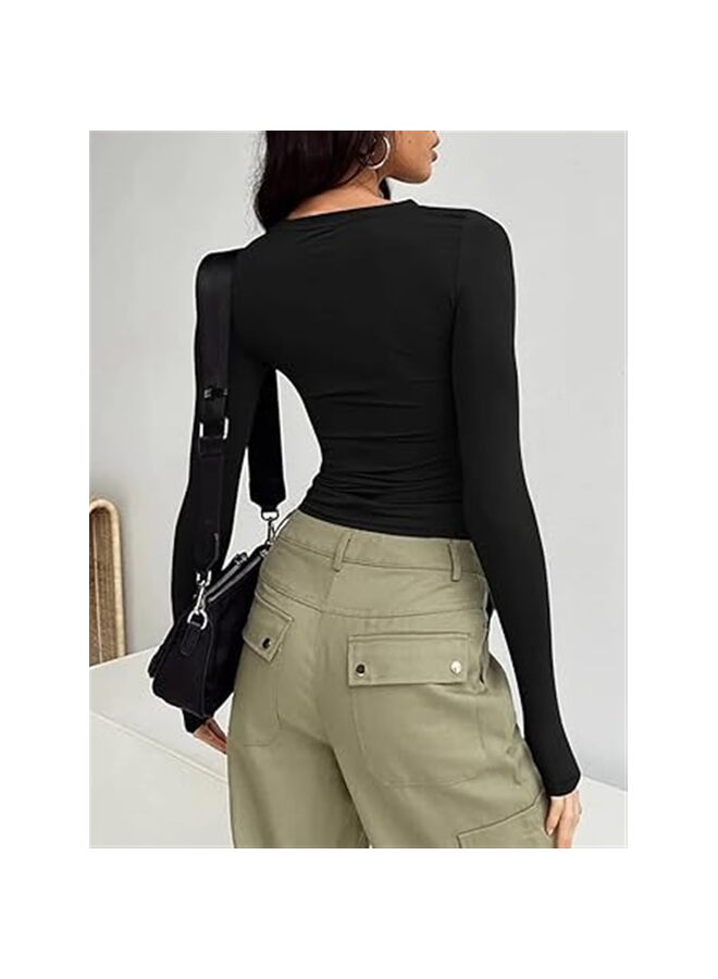 3 قطع - قمصان نسائية بأكمام طويلة وقمصان قصيرة أساسية للخروج في أزياء الخريف وملابس داخلية ضيقة وقمصان Y2K (اللون: رمادي) - Image 2