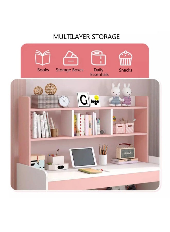 طاولة دراسة للأطفال مع رف كتب، طاولة دراسة قابلة لتعديل الارتفاع مع مساحة تخزين للمراهقين والبنات والأولاد، طاولة كمبيوتر صغيرة مع أرفف، مكتب منزلي متعدد الوظائف (XXA100-وردي) - Image 4