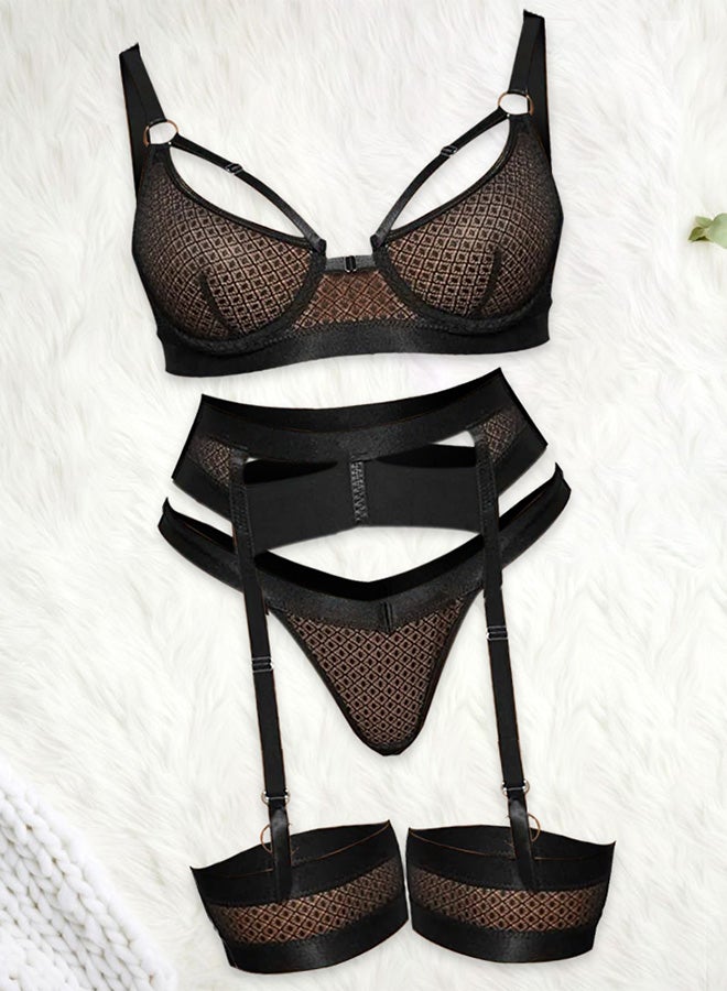 MARGOUN Women Sheer Mesh Garter Lingerie Set Strappy Teddy Babydoll Bra and Panty with Leg Ring 4 Piece Lingerie Set Black Fishnet XL - Image 4