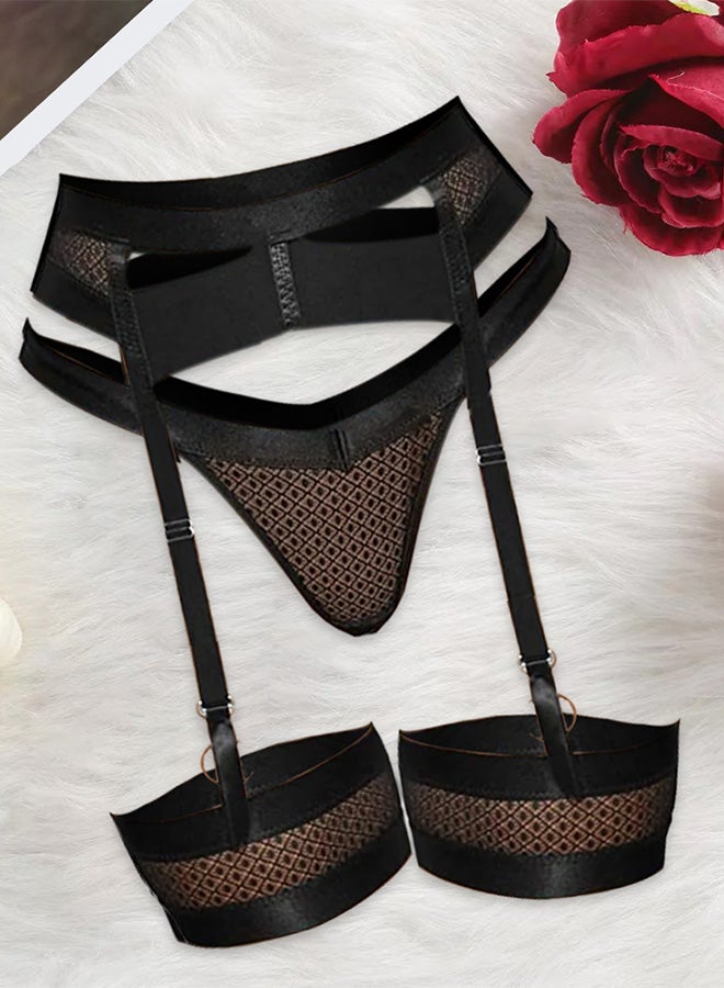 MARGOUN Women Sheer Mesh Garter Lingerie Set Strappy Teddy Babydoll Bra and Panty with Leg Ring 4 Piece Lingerie Set Black Fishnet XL - Image 3