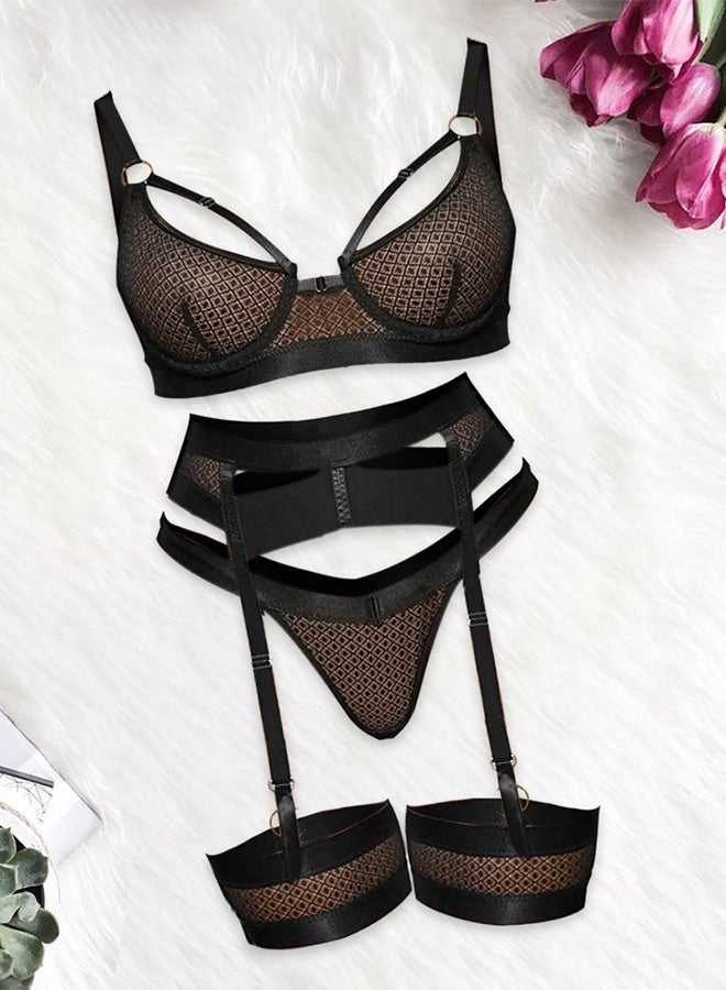 MARGOUN Women Sheer Mesh Garter Lingerie Set Strappy Teddy Babydoll Bra and Panty with Leg Ring 4 Piece Lingerie Set Black Fishnet XL - Image 1