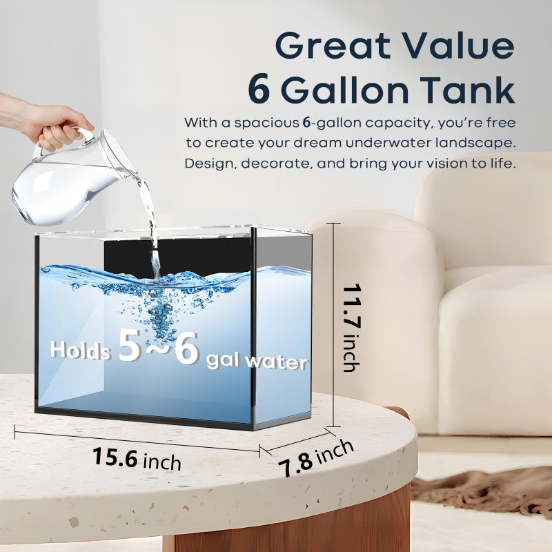 Wonderfactory 6 Gallon Glass Fish Tank 5 Gallon, Small Aquarium Fish Bowl Cube for Betta Goldfish Snails Shrimp Aquatic Planting, Easy to Maintain Ultra Clear Rimless Design Low Iron - Image 3