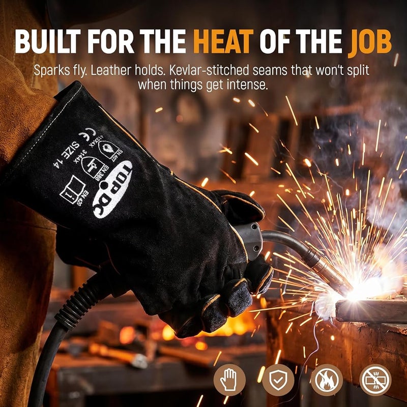 TOPDC 14 Inches, 932?, Top Cowhide Mig/Stick Welding Gloves Heat Resistant, Fireproof Gloves, for Forge, Fireplace, Welder, Animal Handling, Large, Black-Gray - Image 2