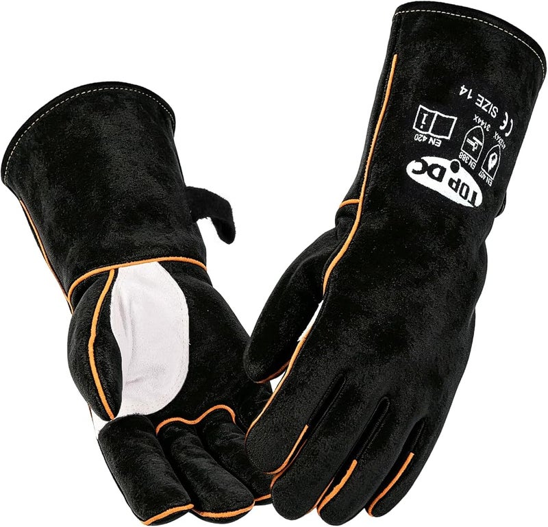 TOPDC 14 Inches, 932?, Top Cowhide Mig/Stick Welding Gloves Heat Resistant, Fireproof Gloves, for Forge, Fireplace, Welder, Animal Handling, Large, Black-Gray - Image 1