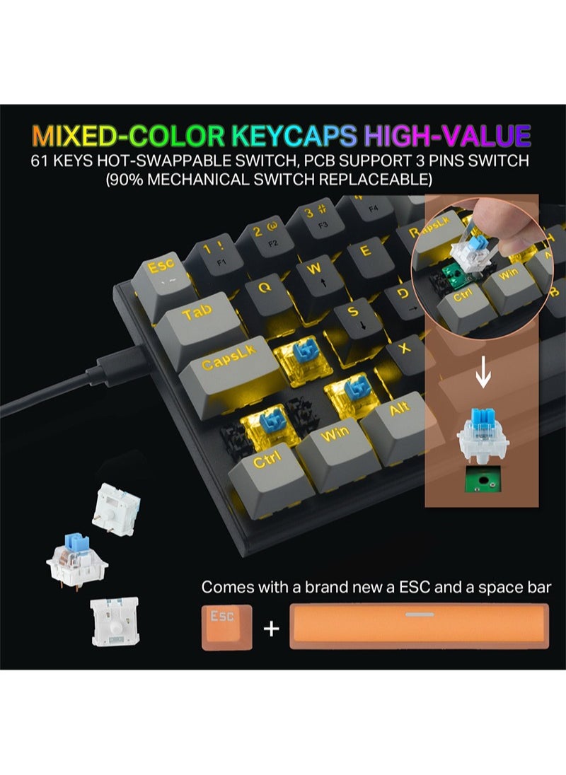 E-YOOSO Z-11 61 Keys Mechanical Gaming Keyboard,Blue Switch 60% Wired Compact Keyboard,RGB Backlit and Metal Panel for Windows,Mac OS-Black Grey  - Image 2