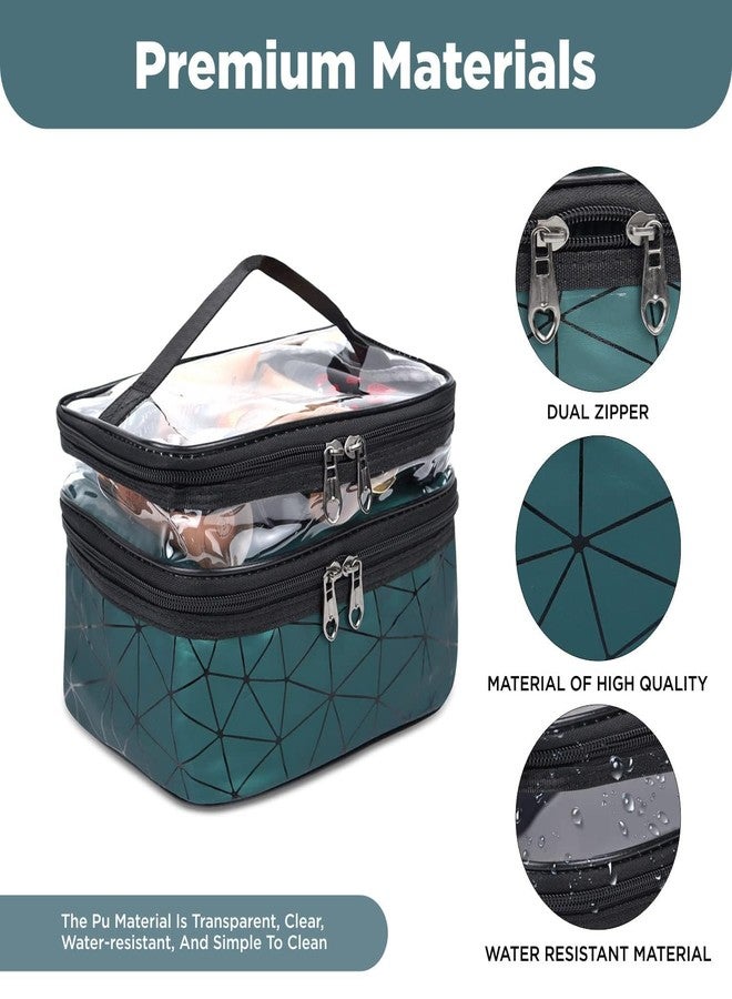 PORMONO 2-Layer Travel Makeup Bag Set, Clear Cosmetic Organiser with Geometric Pattern, Double Zipper Storage Cases, Green and Transparent - Image 5