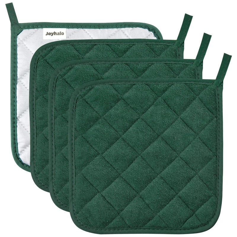 Joyhalo 4 Pack Dark Green Pot Holders  8 x 8 Inches Heat Resistant Terry Cloth Sets for Cooking  Baking