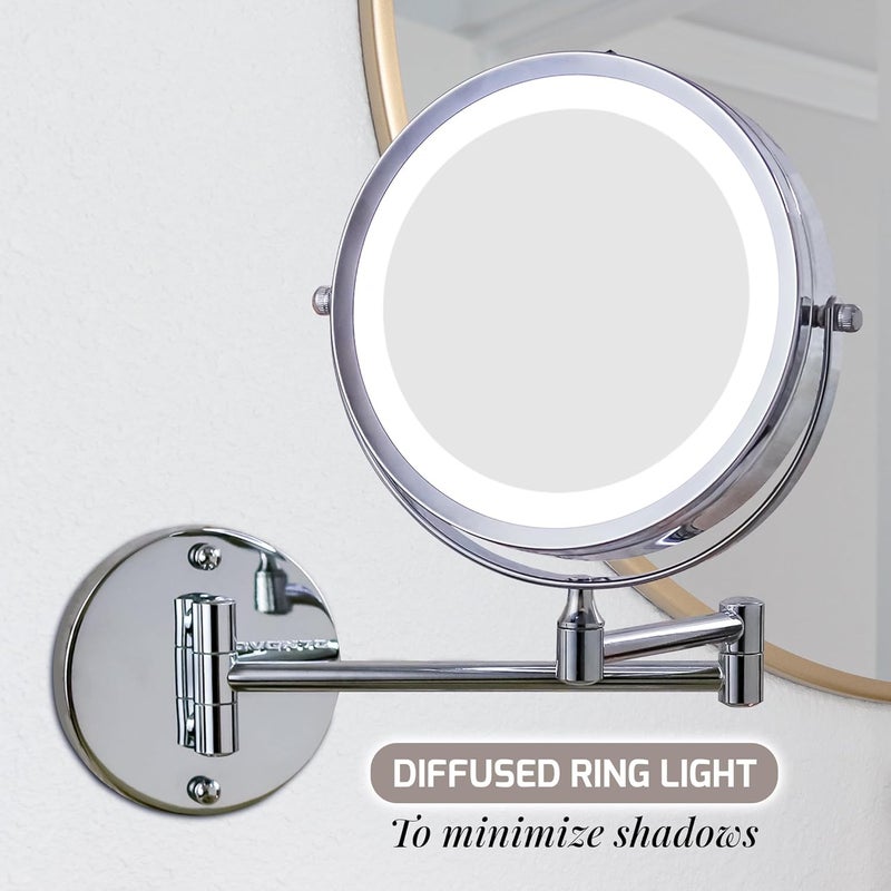 أوفينتي مرآة مكياج مضيئة مثبتة على الحائط من Ovente بحجم 6.8 بوصة، مكبر 1X و10X، LED دائري مزدوج الجوانب قابل للتعديل، ذراع قابل للتمديد والسحب والطي، مدمج ولاسلكي، يعمل بالبطارية، كروم لامع MFW70CH1X10X - Image 5