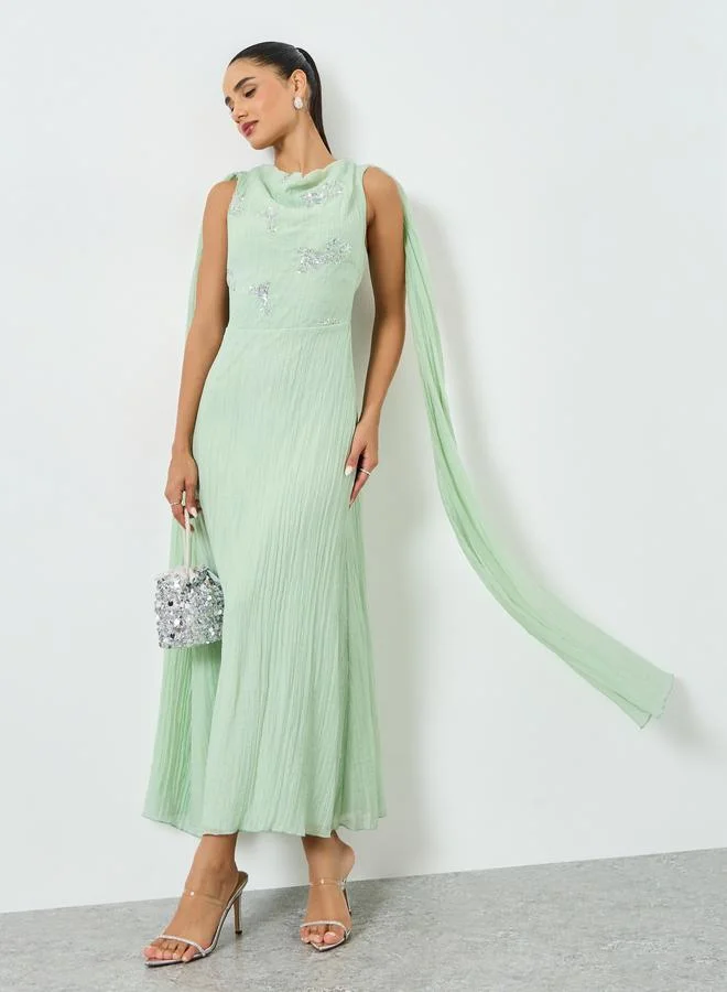 Green Embellished Sleeveless Maxi Dress with Cape