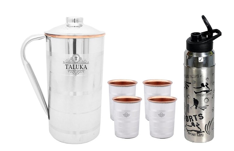 Taluka Stainless Steel Copper Jug 2000 ML for Drinking Water with 1 Steel Bottle and 4 Steel Copper Glass 350 ML Water Storage - Image 1