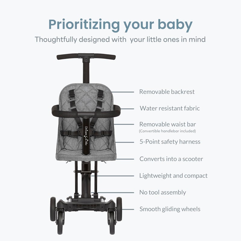 Dream On Me Coast Rider Travel Stroller, Lightweight & Compact Baby Stroller, Theme Park Approved, Book-Folding Design, Adjustable Handle, Soft-Ride Wheels, Converts to Rider & Scooter - Gray - Image 5