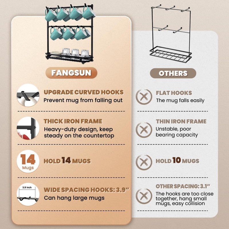 FANGSUN Large Coffee Mug Holder Stand Countertop, Tree Rack for 14 Mugs, 2 Tier Counter Display Storage, Metal Wire Tea Cup Holder for Coffee Station Kitchen Organizer, Not Included Mugs - Image 3