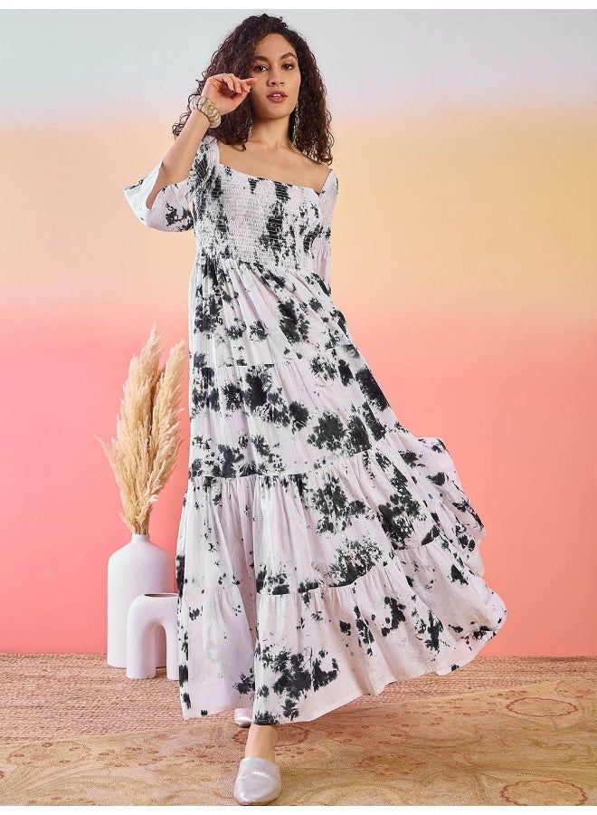 أيه كيه إس فستان ماكسي قطني مكشوف الكتفين مصبوغ بالربط - Image 1