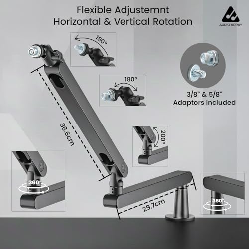 Audio Array AA-19 2in1 High & Low Profile Mic Stand | 71cm reach | Premium Metal design with Built In Cable Management | Flexible Position adjustments | 2Kg Weight Capacity |5/8" to 3/8" Screw Adapter - Image 5