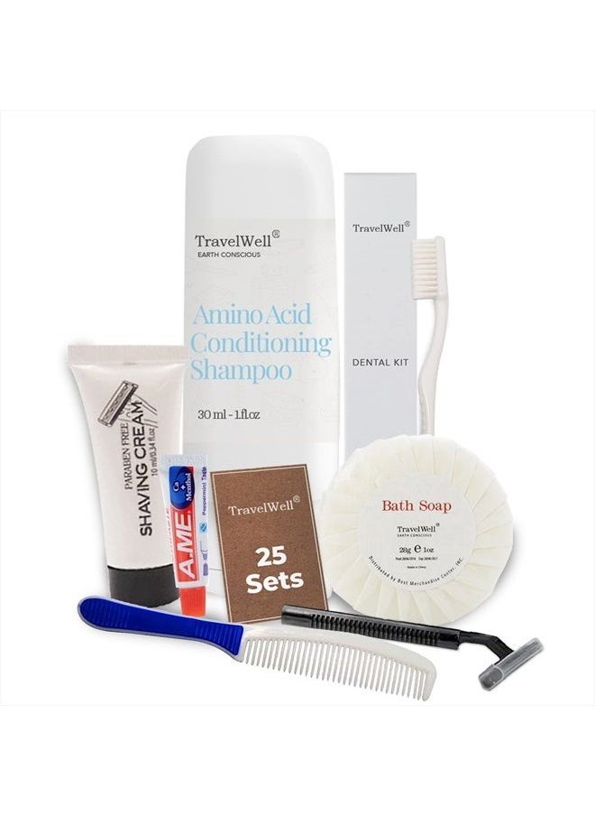 Travelwell TRAVELWELL Hotel Toiletries Amenities Bulk Individually Wrapped 30ml Shampoo & Conditioner 2 in 1, Round Tissue Pleated 28g Cleaning Travel Soap In Bulk, Comb,Toothbrush Toothpaste, Body Lotion 25 Set  - Image 1