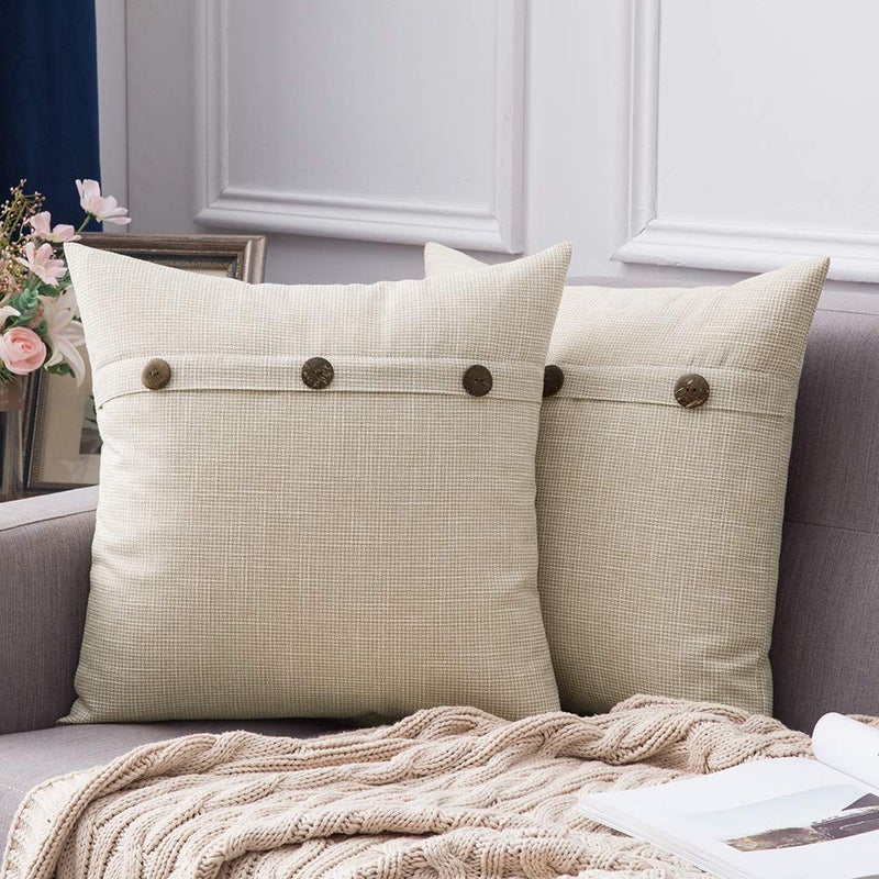 MIULEE Set of 2 Decorative Linen Pillow Covers Farmhouse Vintage with Triple Button Accent Pillows for Couch Sofa Bed Living Room Home Decor 20x20 Inch Beige - Image 1