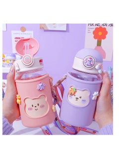 SYOSI Kawaii Water Bottle for Girls Cute Bottles with Straw, Portable Leakproof Bear Adjustable Strap and Sleeve - School Outdoor Sports Travel, BPA-Free, 24oz (Purple)  - Image 2