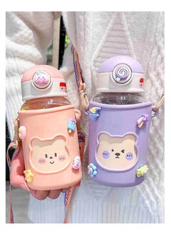 SYOSI Kawaii Water Bottle for Girls Cute Bottles with Straw, Portable Leakproof Bear Adjustable Strap and Sleeve - School Outdoor Sports Travel, BPA-Free, 24oz (Purple)  - Image 3