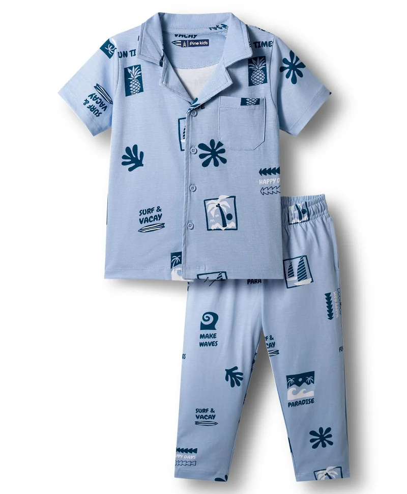 Pine Kids Pine Kids Single Jersey Knit Half Sleeves Pajama Co-ord Night Suit With Beach Theme Print - Blue