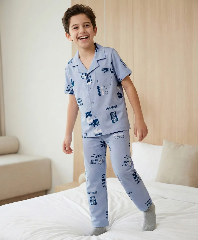 Pine Kids Pine Kids Single Jersey Knit Half Sleeves Pajama Co-ord Night Suit With Beach Theme Print - Blue