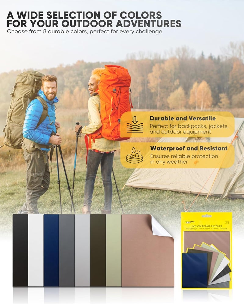 ZEFFFKA Nylon Self-Adhesive Repair Patches 8 Pack Waterproof Durable 5x7 Inch 13x18 cm Fabric Patches for Jackets Tents Backpacks Sleeping Bags Clothing 8 Assorted Colors No Ironing Easy Fix - Image 3