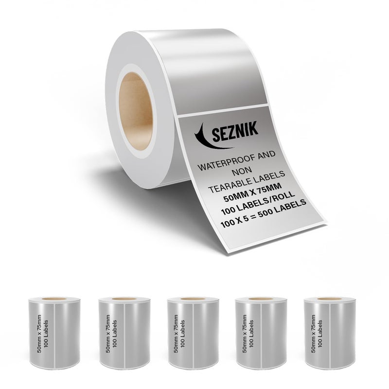 SEZNIK Silver Waterproof, Non-Tearable, Sticky Thermal Lables, Label Roll, 2 inch Adhesive Thermal Labels for Label Printers (50mmx75mm - 500 Lables) - Image 1