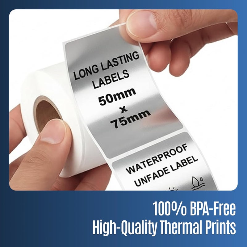 SEZNIK Silver Waterproof, Non-Tearable, Sticky Thermal Lables, Label Roll, 2 inch Adhesive Thermal Labels for Label Printers (50mmx75mm - 500 Lables) - Image 3