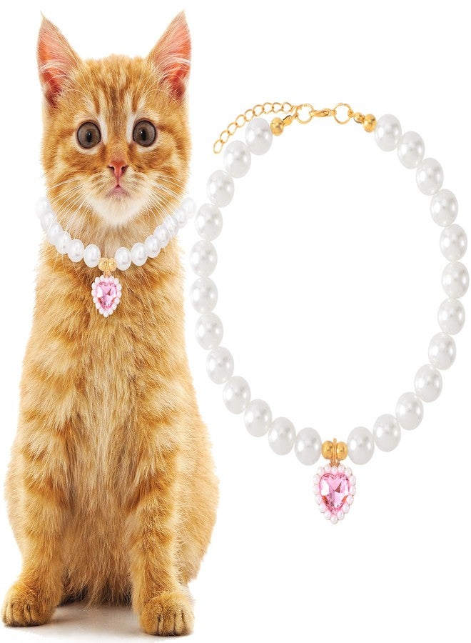 Mxxipp Cat Pearl Collar with Heart Pendant, Cute Pink Pearl Pet Necklace, Adjustable Wedding Party Pet Jewelry Accessories for Puppy Kitten- L - Image 1