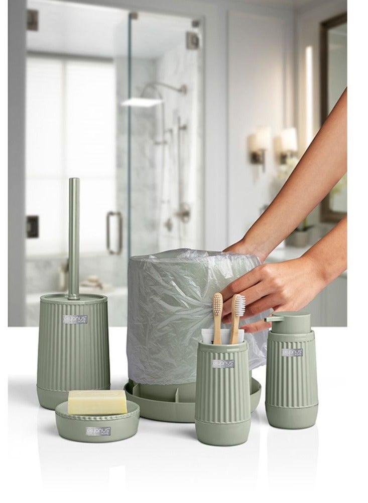 اوكانيوس  مجموعة إكسسوارات الحمام البلاستيكية المكونة من 5 قطع تتضمن فرشاة المرحاض وموزع الصابون السائل وسلة المهملات وحامل فرشاة الأسنان ومعجون الأسنان وطبق الصابون ومجموعة منظم الحمام المتين باللون الأخضر النعناعي - Image 5