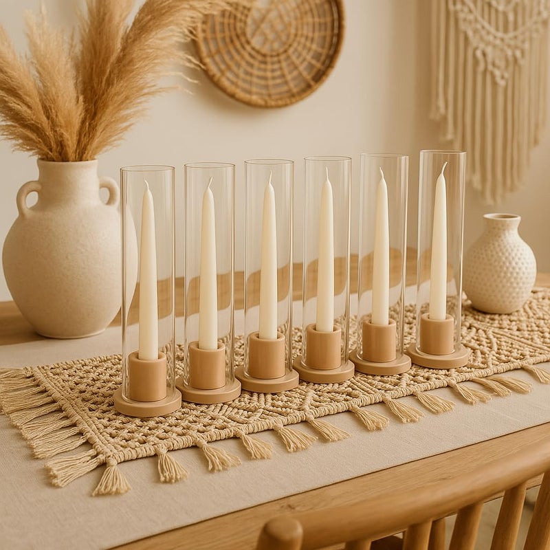 Koyal Wholesale 6Pcs Ceramic Taper Matte Terracotta Candle Holder with Glass Hurricane Shades Taper Candle Holders Farmhouse Candlestick Boho Decor for Wedding Home Table Centerpiece