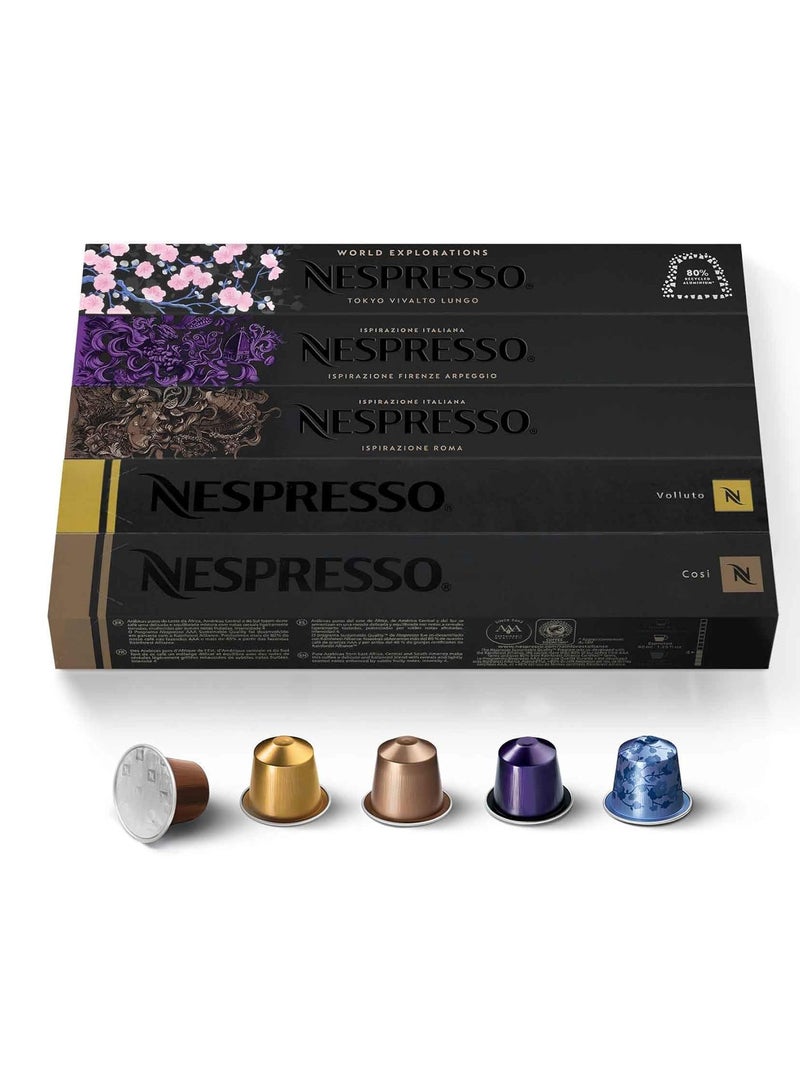 كبسولات إسبريسو أوريجينال لاين من نسبريسو، حزمة متنوعة، فولوتو، روما، كوزي، فيفالتو لونغو، أربيجيو، 50 كبسولة