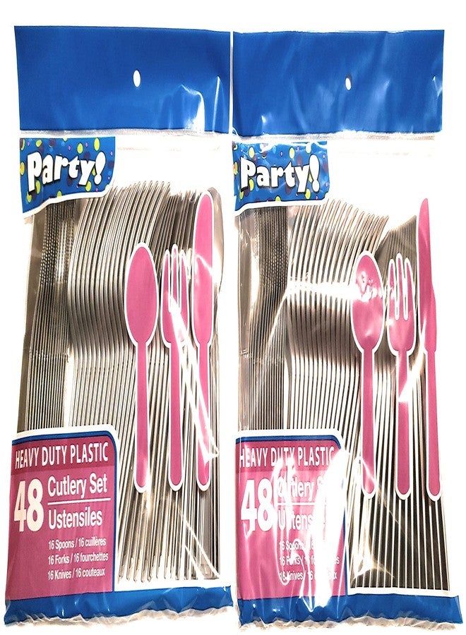 Greenbrier Steel Gray/Silver Tone Party/Picnic Plastic Cutlery Sets - 32 Spoons, 32 Forks, 32 Knives - 2 packs of 48 each, 96 pcs total