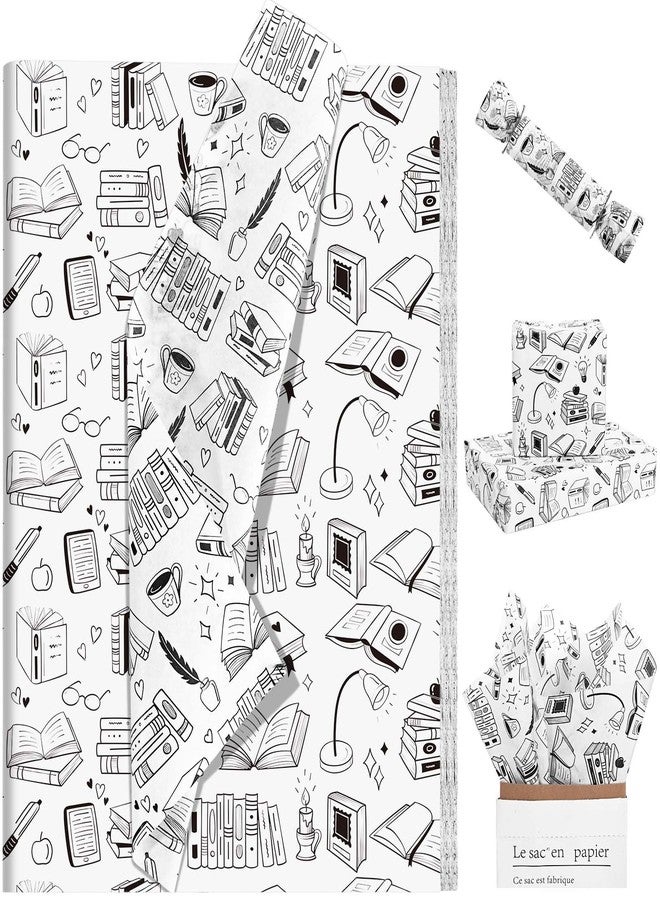 Bolsome 100 Sheets Books Tissue Paper for Gift Bags Vintage Bookshelf Coffee Plants Pens Printed Tissue Paper for Book Lover Back to School Party DIY Craft Supplies, 20 ×14 Inches - Image 1