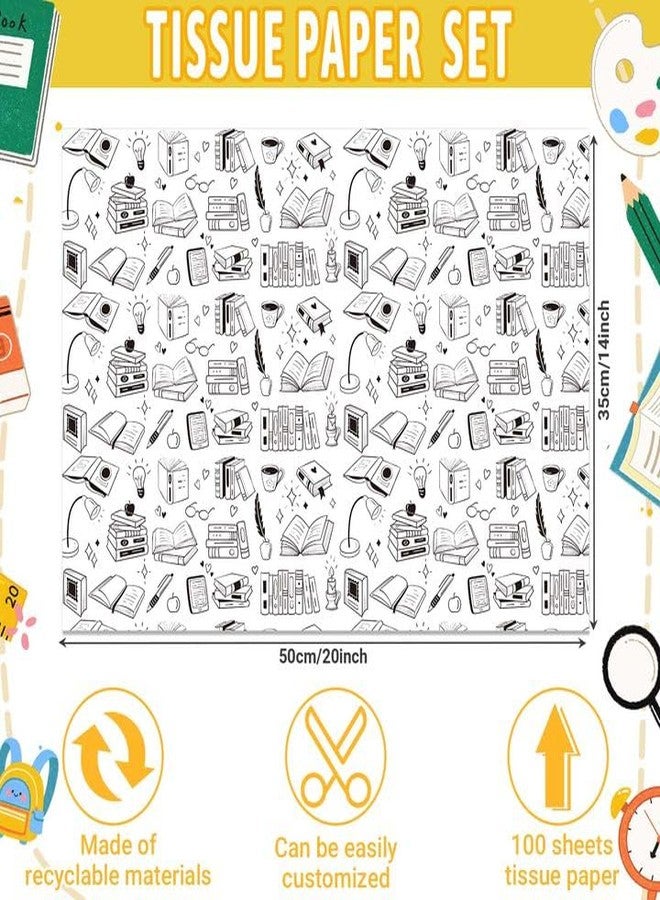 Bolsome 100 Sheets Books Tissue Paper for Gift Bags Vintage Bookshelf Coffee Plants Pens Printed Tissue Paper for Book Lover Back to School Party DIY Craft Supplies, 20 ×14 Inches - Image 2