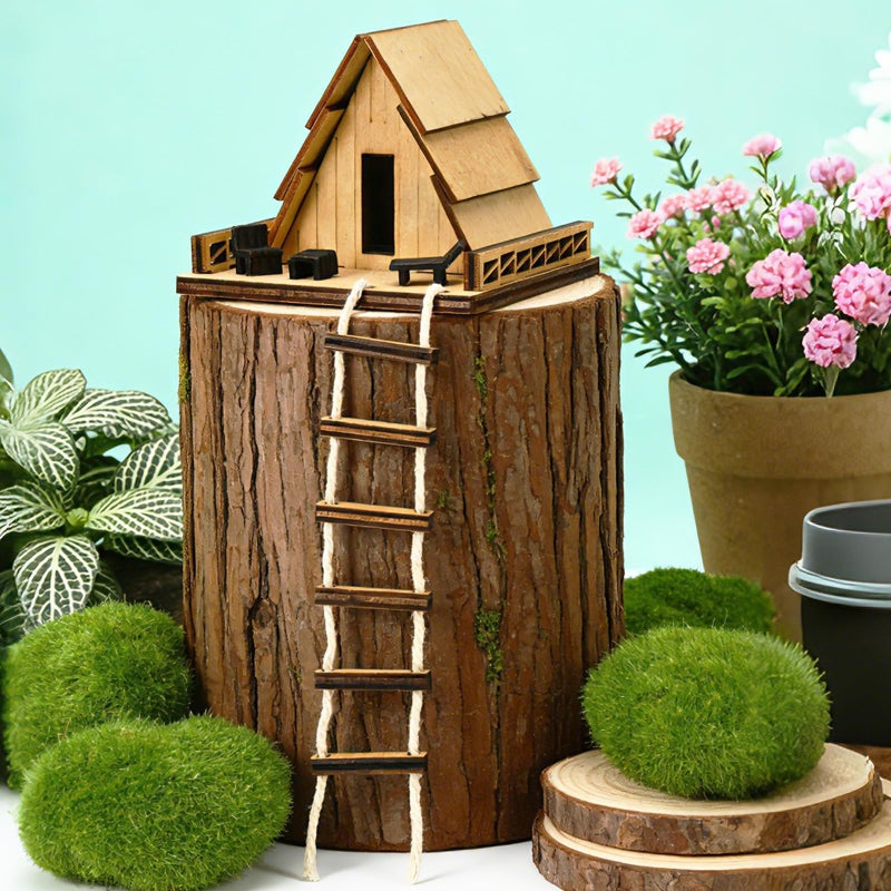 JULEASEL Mini Wooden Treehouse with Ladder Plant Mini Treehouse Miniature Flower Pot AFrame Tree House Fairy Garden House Rustic Log Cabin Desktop Ornament - Image 2