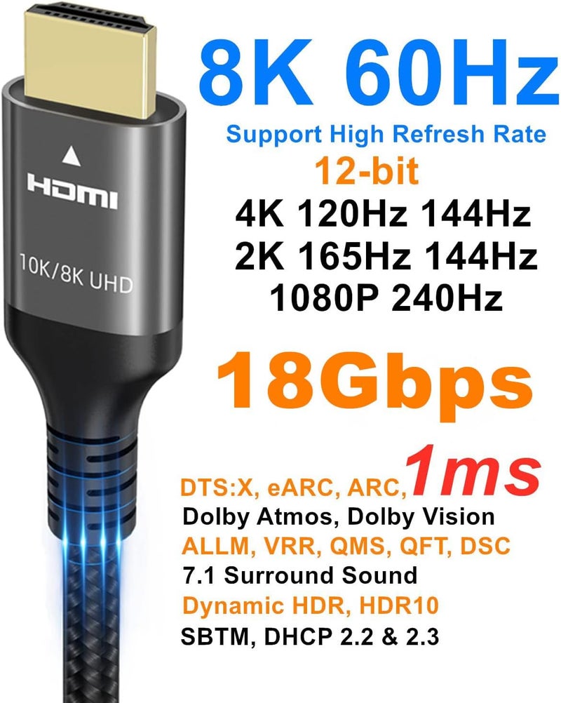 Ubluker كابل 8K HDMI بطول 10 متر، كابل HDMI مضفر من النايلون عالي السرعة 4k@120 هرتز 8k@60 هرتز eARC ARC Dolby Atmos HDR10+ HDCP2.3 متوافق مع ألعاب الكمبيوتر PC Monitor Speaker Mac PS5 Xbox - Image 3