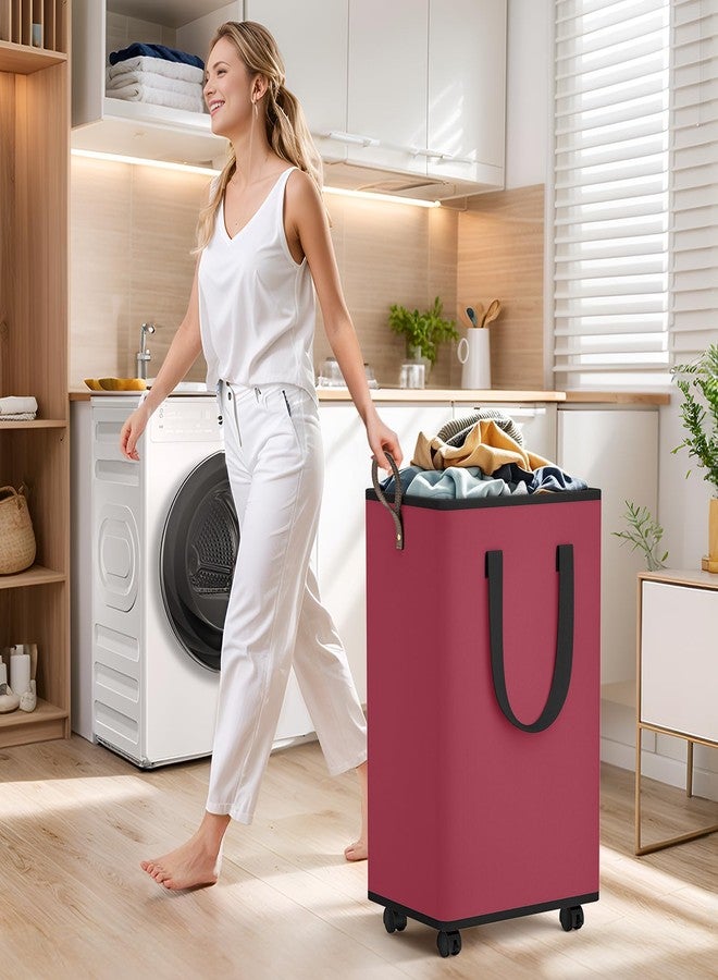SpaceTrove Laundry Basket with Wheels, Collapsible Laundry Baskets, Laundry Hamper with Handles Detachable Wheels, Rolling Laundry Basket, Dirty Clothes Hamper for Bathroom, Dorm, Bedroom, Red, 80L - Image 3