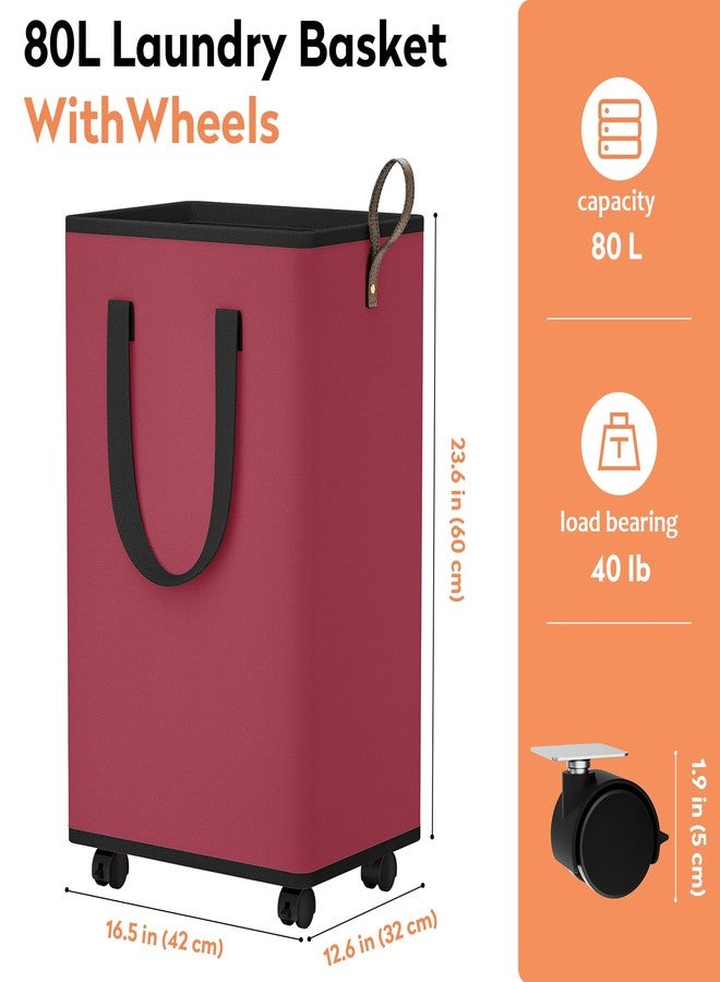 SpaceTrove Laundry Basket with Wheels, Collapsible Laundry Baskets, Laundry Hamper with Handles Detachable Wheels, Rolling Laundry Basket, Dirty Clothes Hamper for Bathroom, Dorm, Bedroom, Red, 80L - Image 4