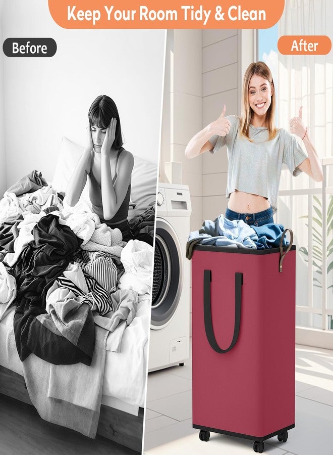 SpaceTrove Laundry Basket with Wheels, Collapsible Laundry Baskets, Laundry Hamper with Handles Detachable Wheels, Rolling Laundry Basket, Dirty Clothes Hamper for Bathroom, Dorm, Bedroom, Red, 80L - Image 5